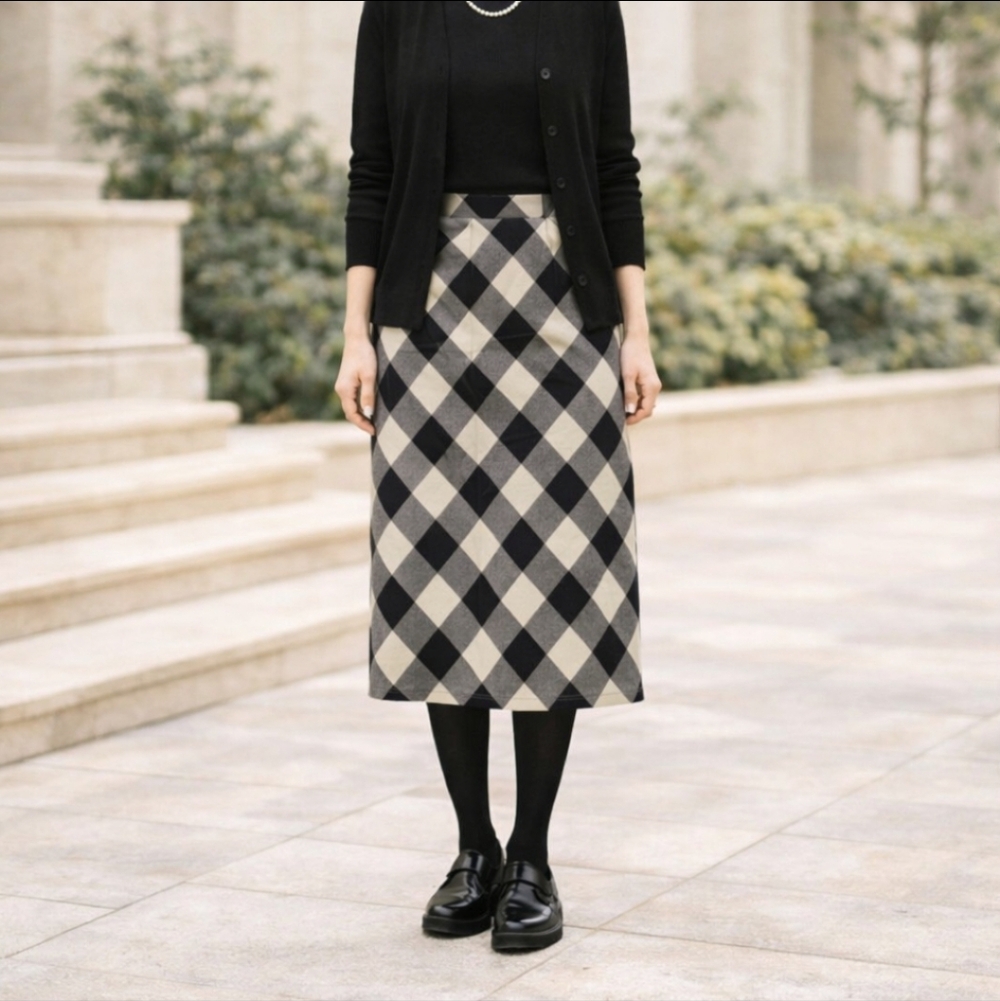 Anne Klein Plaid Wool Skirt Midi Zip Back Preppy Cottagecore Career Sz L - Picture 1 of 7